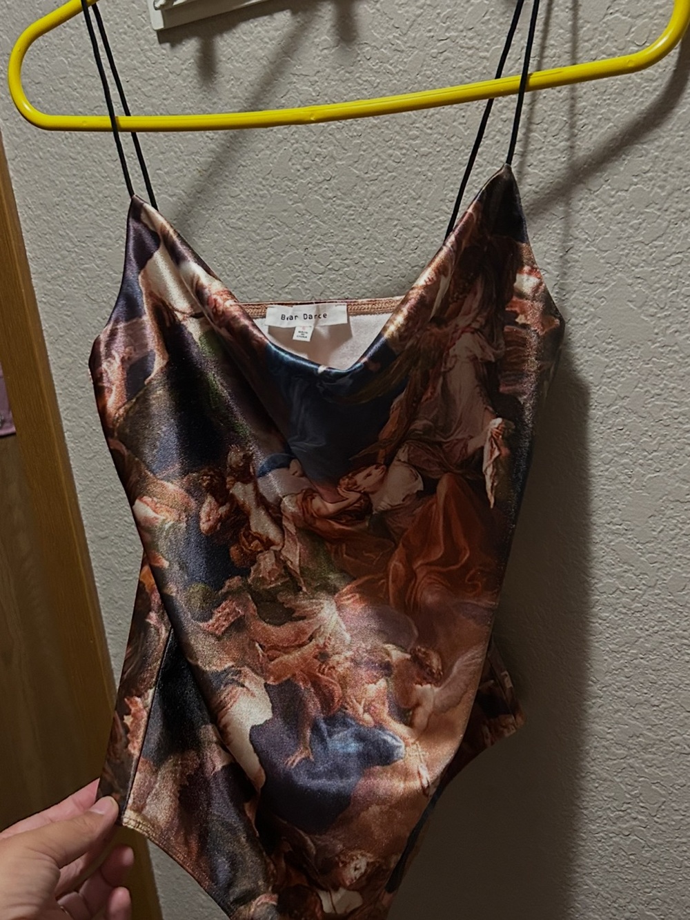 Bear Dance Women's Satin Print Cowl Neck Bodysuit in Brown Multi